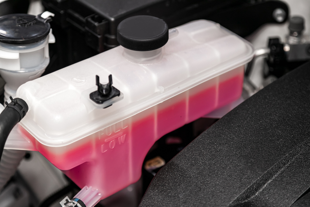 Close-up,White,Expansion,Tank,With,Pink,Antifreeze.,Car,Coolant,Level